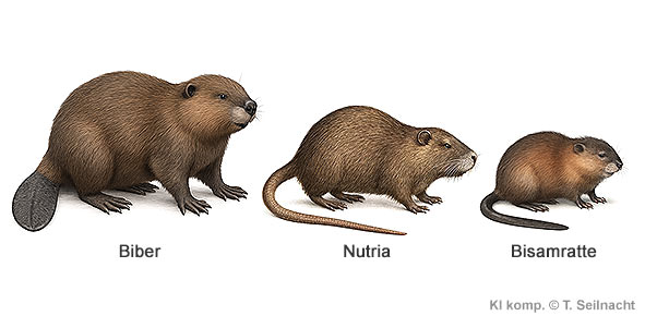 Biber, Nutria und Bisamratte im Vergleich