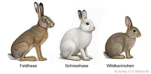 Feldhase, Schneehase, Wildkaninchen im Vergleich