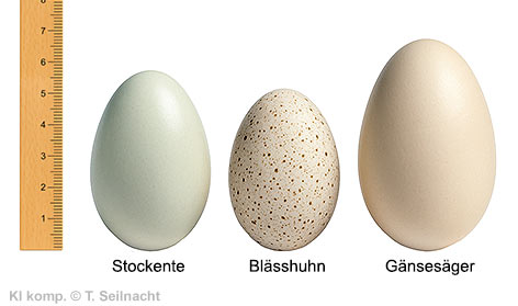 Eier Stockente, Blässjuhn, Gänsesäger